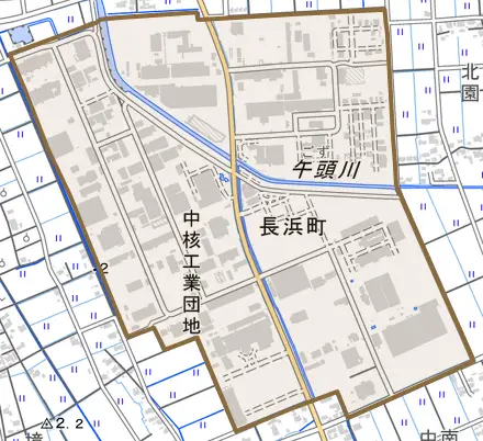 長浜町とその周辺の地図。町の範囲を重ねている