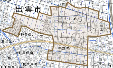 中野町とその周辺の地図。町の範囲を重ねている