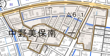 中野美保南とその周辺の地図。町の範囲を重ねている