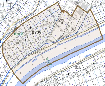 西代町とその周辺の地図。町の範囲を重ねている