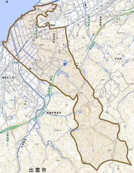 西神西町とその周辺の地図。町の範囲を重ねている