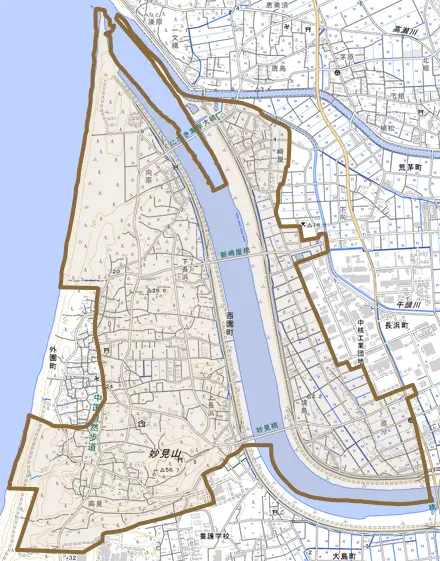 西園町とその周辺の地図。町の範囲を重ねている