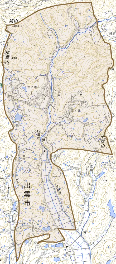 野郷町とその周辺の地図。町の範囲を重ねている