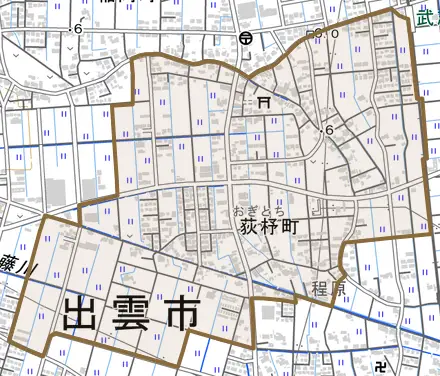 荻杼町とその周辺の地図。町の範囲を重ねている