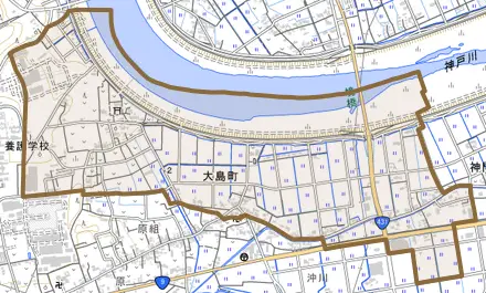 大島町とその周辺の地図。町の範囲を重ねている