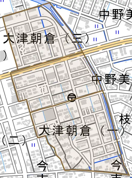 大津朝倉とその周辺の地図。町の範囲を重ねている