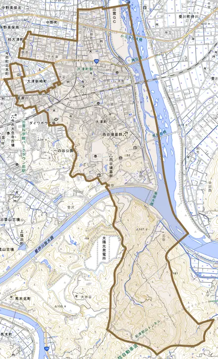 大津町とその周辺の地図。町の範囲を重ねている