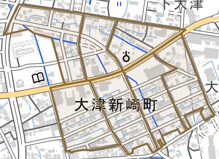 大津新崎町とその周辺の地図。町の範囲を重ねている