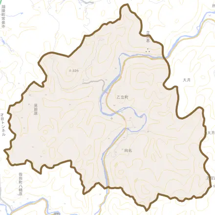 乙立町とその周辺の地図。町の範囲を重ねている