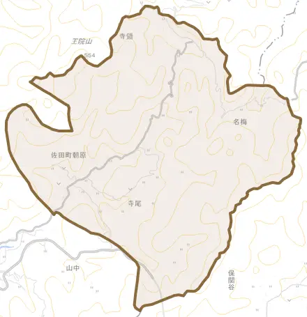 佐田町朝原とその周辺の地図。町の範囲を重ねている