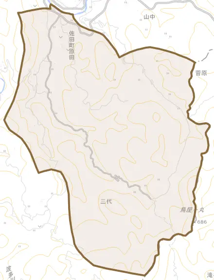 佐田町原田とその周辺の地図。町の範囲を重ねている