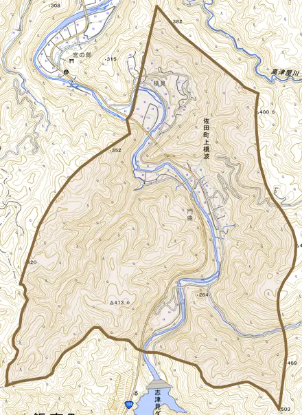 佐田町上橋波とその周辺の地図。町の範囲を重ねている