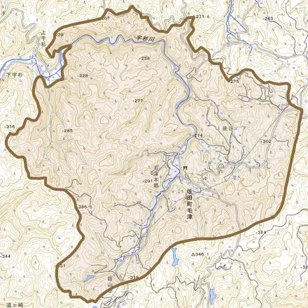 佐田町毛津とその周辺の地図。町の範囲を重ねている