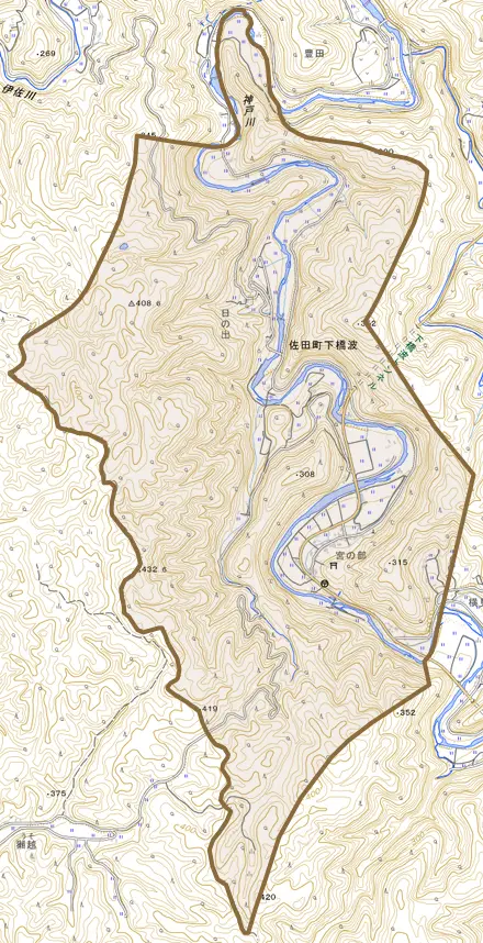 佐田町下橋波とその周辺の地図。町の範囲を重ねている