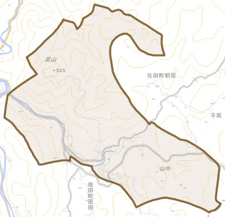 佐田町須佐とその周辺の地図。町の範囲を重ねている