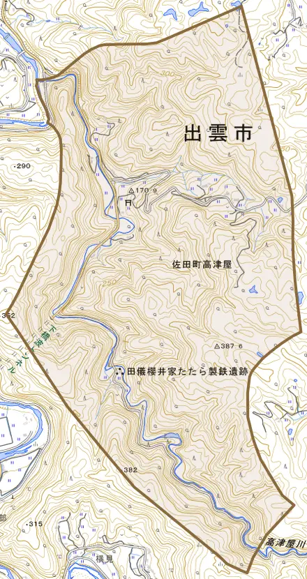佐田町高津屋とその周辺の地図。町の範囲を重ねている