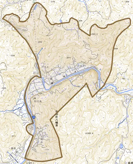 佐田町八幡原とその周辺の地図。町の範囲を重ねている