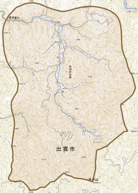 佐田町吉野とその周辺の地図。町の範囲を重ねている