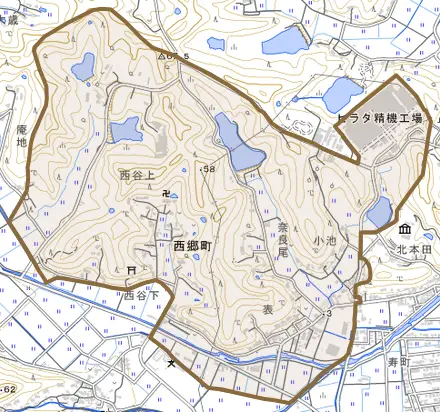 西郷町とその周辺の地図。町の範囲を重ねている