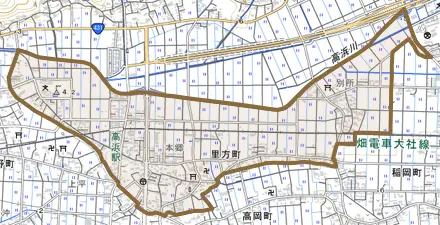里方町とその周辺の地図。町の範囲を重ねている