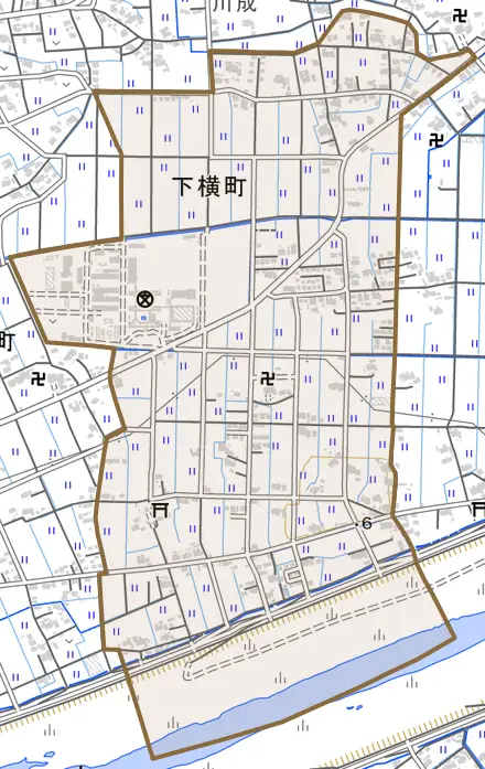 下横町とその周辺の地図。町の範囲を重ねている