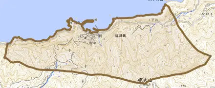 塩津町とその周辺の地図。町の範囲を重ねている