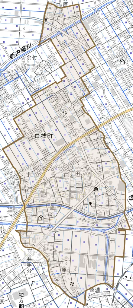 白枝町とその周辺の地図。町の範囲を重ねている