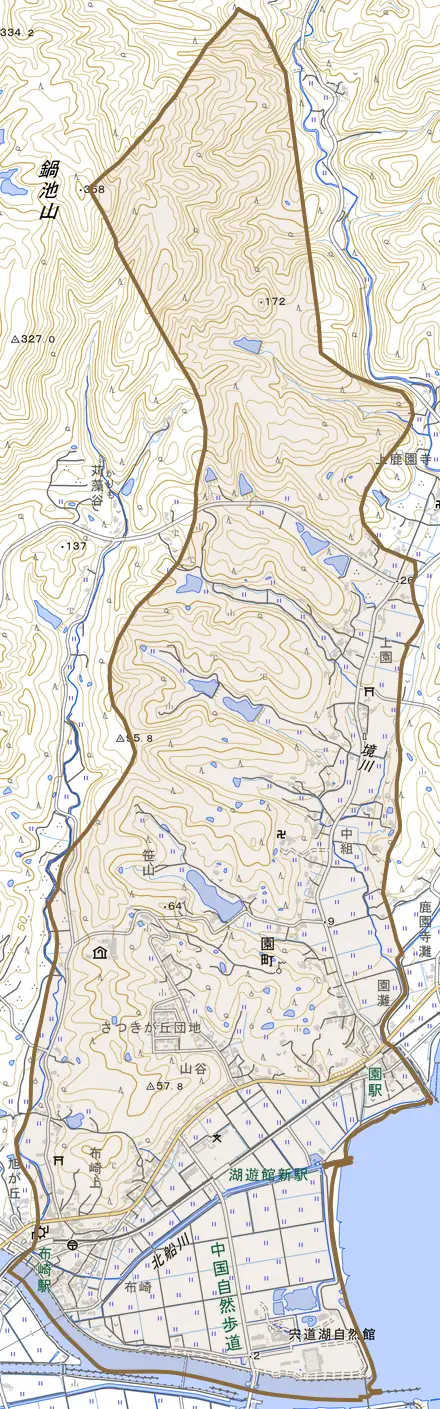園町とその周辺の地図。町の範囲を重ねている
