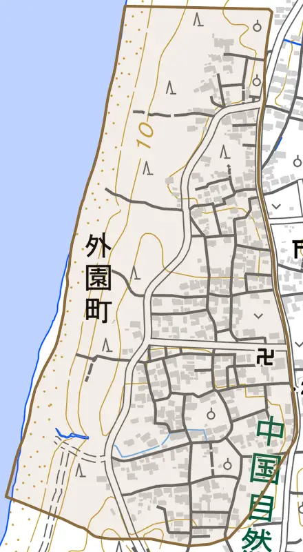 外園町とその周辺の地図。町の範囲を重ねている