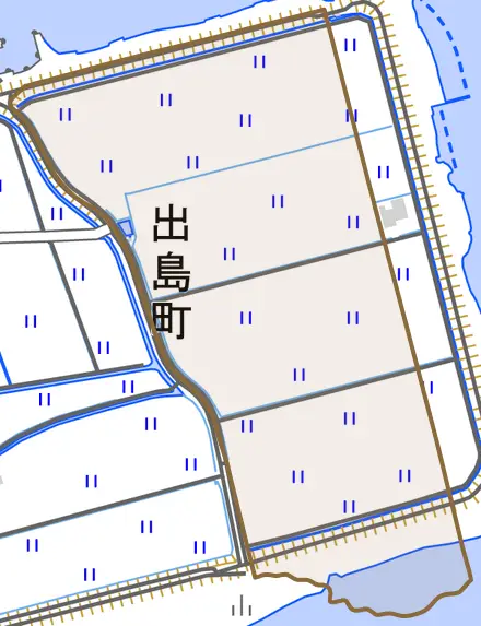 出島町とその周辺の地図。町の範囲を重ねている