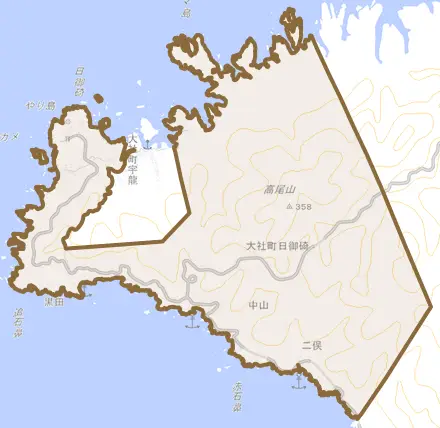 大社町日御碕とその周辺の地図。町の範囲を重ねている