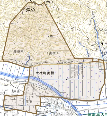 大社町菱根とその周辺の地図。町の範囲を重ねている