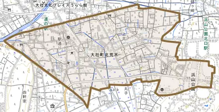 大社町北荒木とその周辺の地図。町の範囲を重ねている