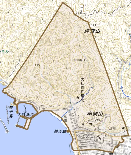 大社町杵築北とその周辺の地図。町の範囲を重ねている