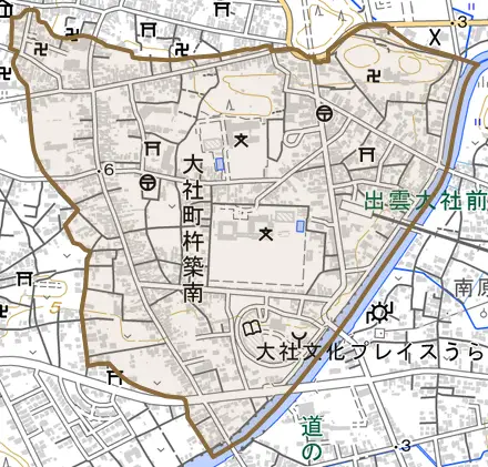 大社町杵築南とその周辺の地図。町の範囲を重ねている
