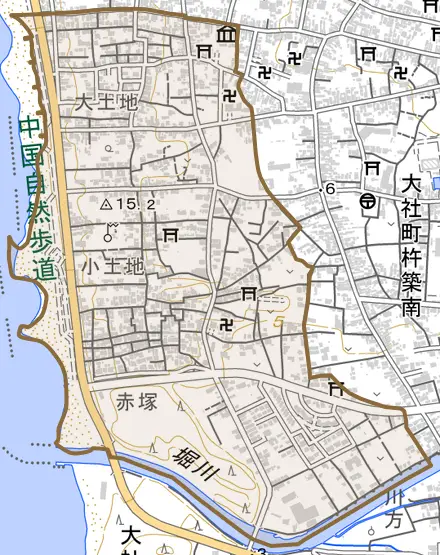 大社町杵築西とその周辺の地図。町の範囲を重ねている
