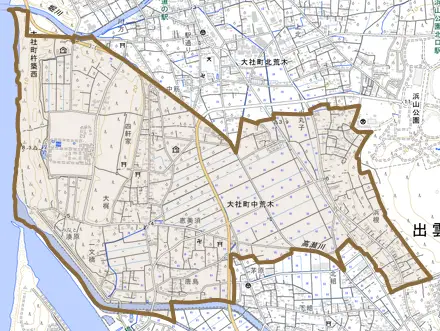 大社町中荒木とその周辺の地図。町の範囲を重ねている