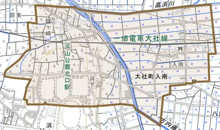 大社町入南とその周辺の地図。町の範囲を重ねている