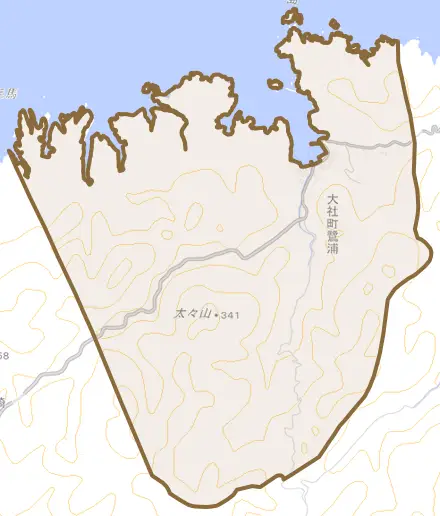 大社町鷺浦とその周辺の地図。町の範囲を重ねている