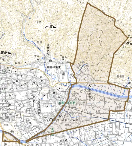 大社町修理免とその周辺の地図。町の範囲を重ねている