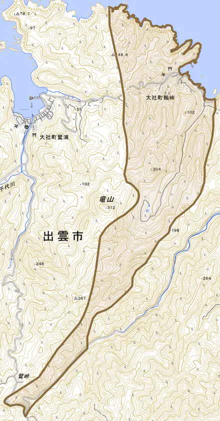 大社町鵜峠とその周辺の地図。町の範囲を重ねている