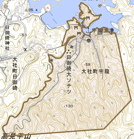 大社町宇龍とその周辺の地図。町の範囲を重ねている