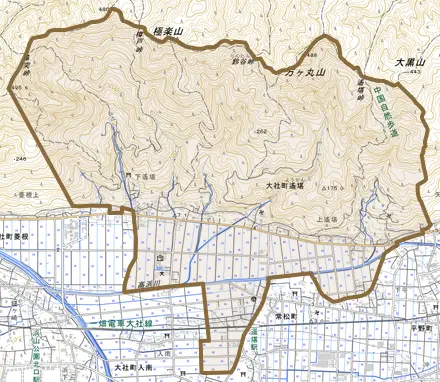 大社町遙堪とその周辺の地図。町の範囲を重ねている