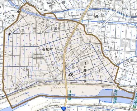 高松町とその周辺の地図。町の範囲を重ねている