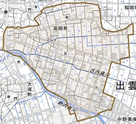 高岡町とその周辺の地図。町の範囲を重ねている