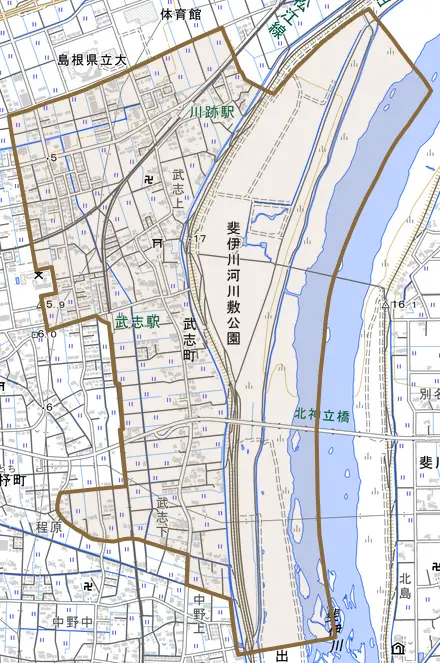 武志町とその周辺の地図。町の範囲を重ねている