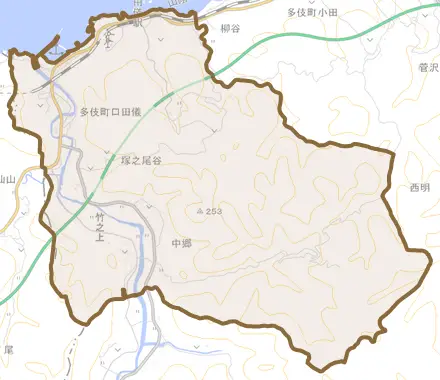 多伎町口田儀とその周辺の地図。町の範囲を重ねている