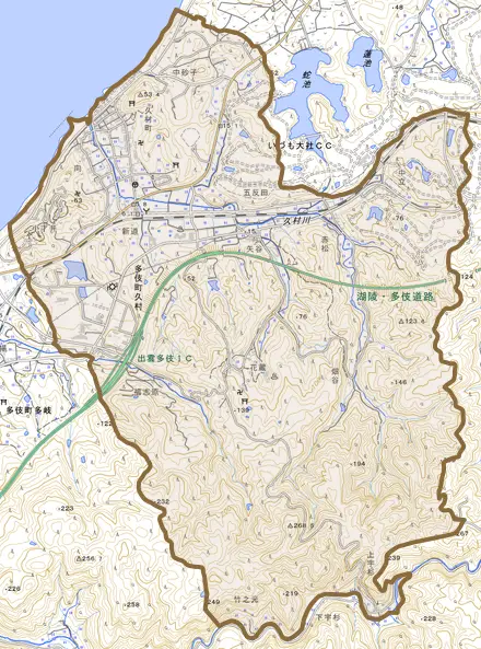 多伎町久村とその周辺の地図。町の範囲を重ねている