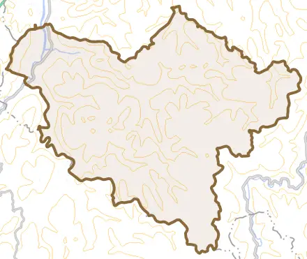 多伎町奥田儀とその周辺の地図。町の範囲を重ねている