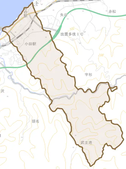 多伎町多岐とその周辺の地図。町の範囲を重ねている